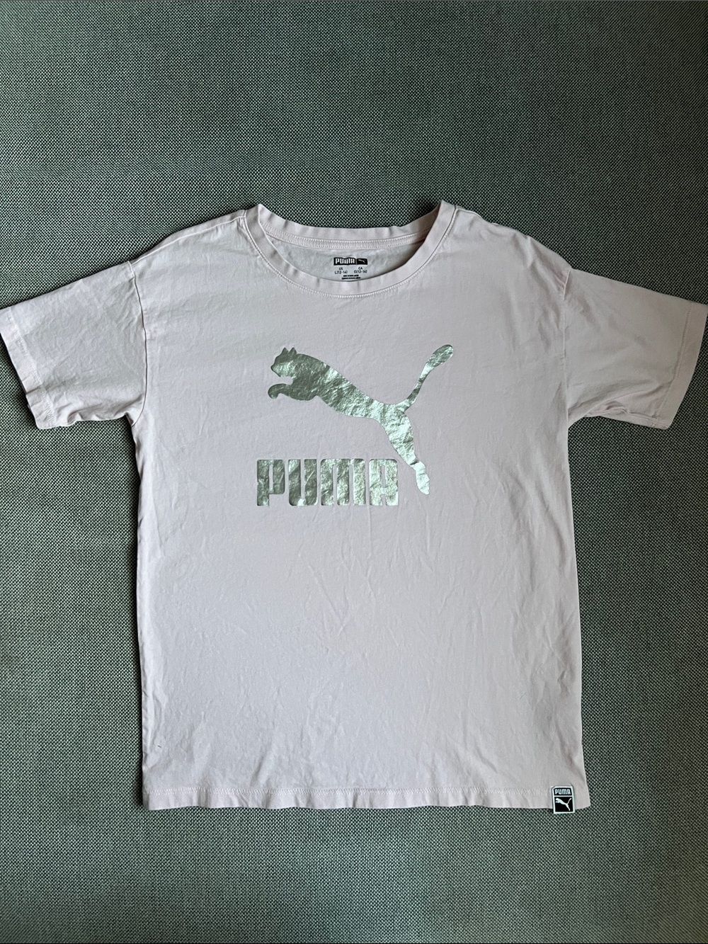 Puma Kids Light Pink Tee with Metallic Silver Logo- size L 12/14